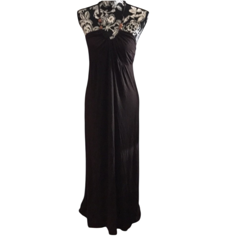 ALYN PAIGE size X-large brown halter style maxi dress wooden bead detail